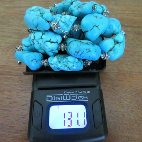 Vintage Turquoise Dyed Howlite Nugget Necklace Earring Set Silver Crystal Accent - Picture 9 of 16